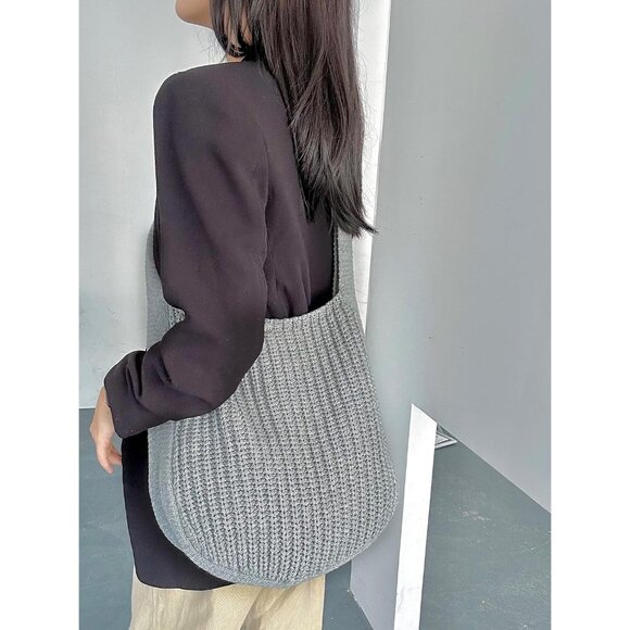 Women's Grey Shoulder Handbags Crocheted Bags Large Knit Bag Tote Bag - Picture 7 of 9